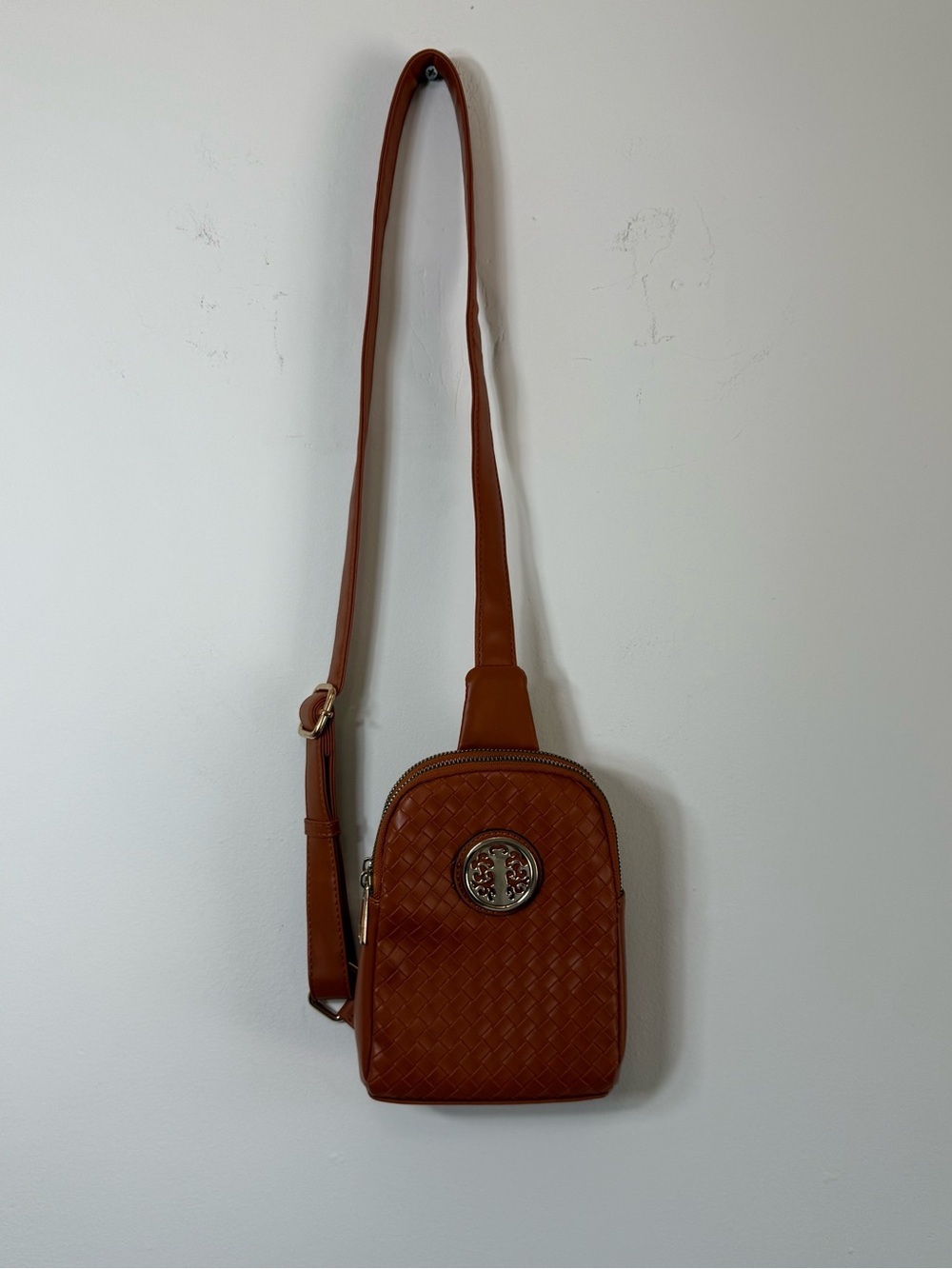 Tree of Life Woven Cognac Brown Sling Bag Crossbody Backpack
